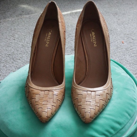 🌏 Cavallini - Rare Basket weave Italian Leather Heels Pumps - Size 40 / 10 US - Picture 2 of 9